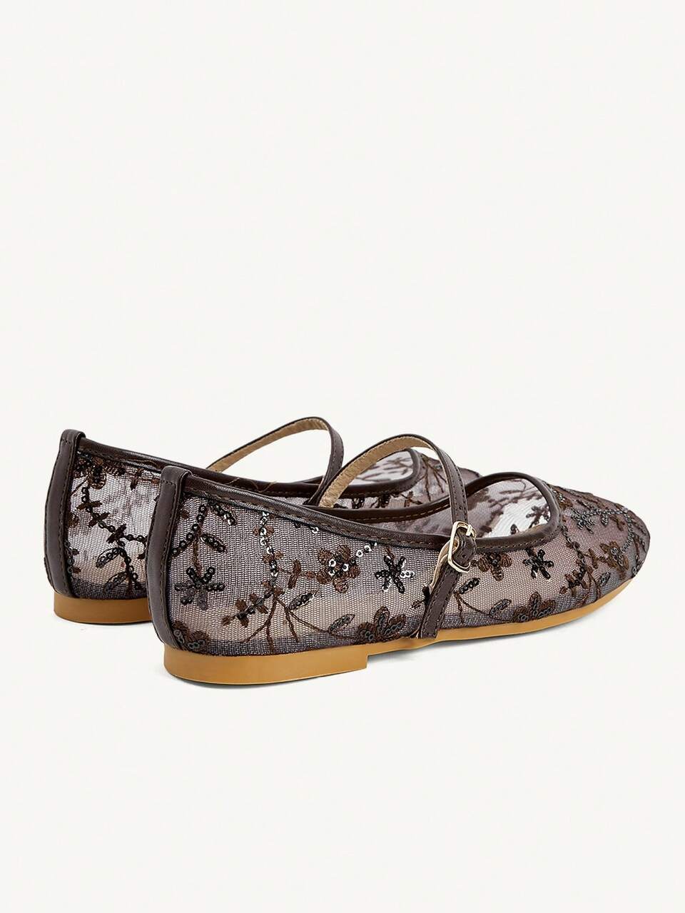 CUCCOO CHICEST New Square Toe Flat Bottom Brown Mesh Embroidered Women's Flat Bottom Shoes Fashionable, Elegant And Comfortable Breathable Mary Jane Flat Bottom