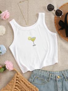 SHEIN Women's Fashion Rhinestone Cocktail Glass Pattern Round Neck Tank Top - White - View 4