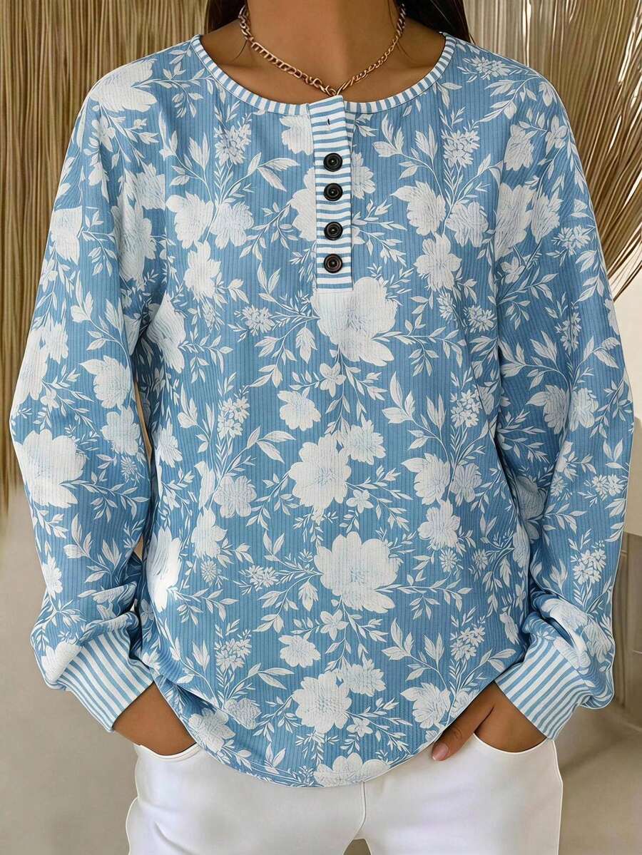 EMERY ROSE Plus Size Women's Floral Print Round Neck 3/4 Sleeve Button Front Ribbed Cuff Loose Fit Pullover Hoodies Casual Elegant Autumn Blue And White Birthday - Multicolor - View 1