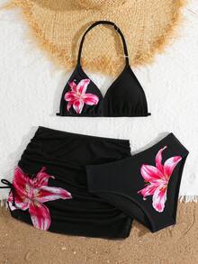 SHEIN 少女三件套比基尼，可爱针织网布黑色底粉色碎花图案，时尚休闲优雅泳装，适合游泳、度假、夏季穿着。黑色泳衣，高腰两件套泳装，三件套比基尼，三件套泳装，黑色粉色碎花三件套泳装，夏季度假保暖圣诞假期 - 黑色 - 查看 4