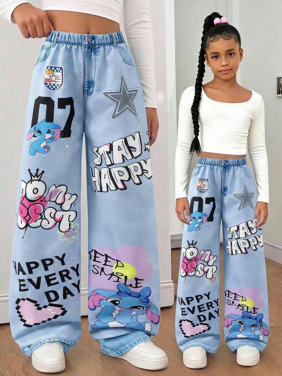 SHEIN ChillGRL 青少年女孩時尚卡通印花寬腿褲 - 藍色 - 查看 1