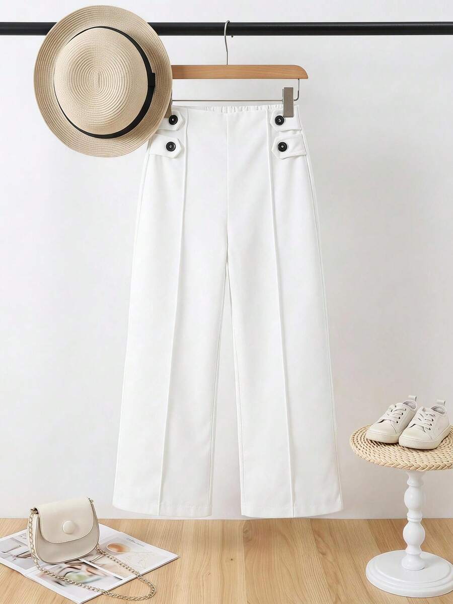 SHEIN Elladie kids Young Girl Button Detail Wide Leg Pants Autumn Fall - White - View 1