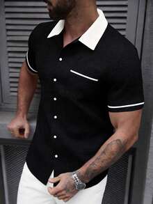 SLATEMANN Men's Casual Pocket Single-Breasted Short Sleeve Contrast Color Shirt - Black - View 5