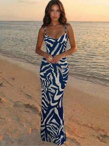 Aloruh Spring/Summer Vacation Spaghetti Strap Tie-Up Fitted Sexy Printed Women's Dress - Navy Blue - View 8