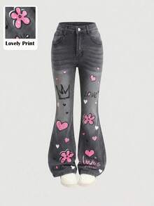 SHEIN Kids Tween Girl Fashion Floral Print Button Pocket Flared Jeans - Black - View 5