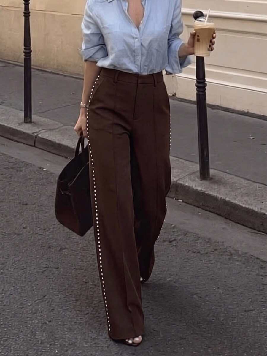 Anewsta 女款現代休閒優雅時尚寬腿褲,修身顯瘦,鑲鑽裝飾工藝,深棕色,適合商務辦公,夏季穿著 - 咖啡棕 - 查看 1