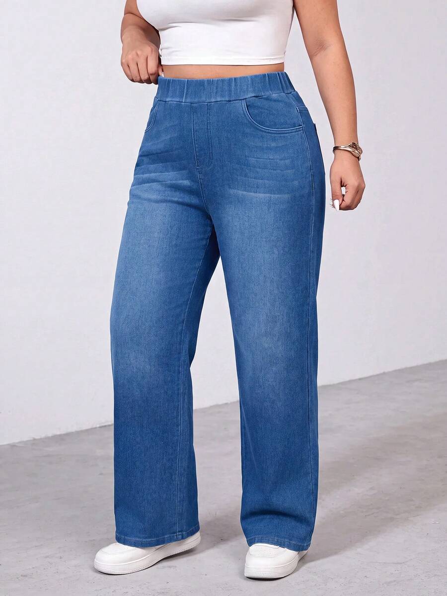 Lounesse Plus Size Casual Washed High Waist Jeans - Blue - View 1