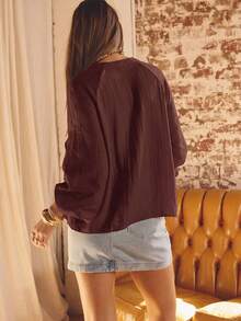 Aralina Ruffled V-Neck Long Sleeve Front Tie Blouse - Burgundy - View 2