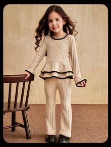 SHEIN 2pcs/Set Young Girl Ruffle Trim Round Neck Bell Sleeve Ribbed Hem T-Shirt And Bell Bottom Pants, Sports Fashion Style Suitable For School And Sports - Apricot - View 6