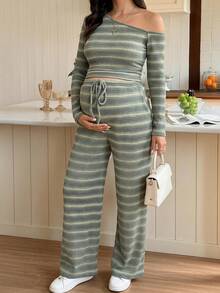 Lyckli Women's Maternity 2-Piece Casual Set: Striped Asymmetric-Neck Long-Sleeve T-Shirt & Drawstring-Waist Pants (Autumn) Fall - Green - View 2