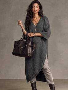 LUMIGAL Women's V-Neck Dropped Shoulder Short Sleeve Loose Asymmetric Slit Hem Mid-Length Sweater - Dark Grey - View 3