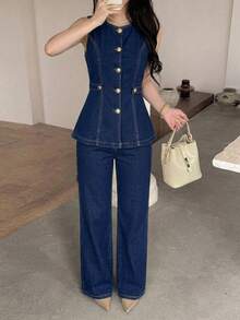 Feyla Women's Casual Commute Vest & Long Pants Denim Set Teacher Outfits For Women - Dark Wash - View 7