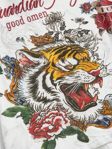 ROMWE Grunge Punk Y2K Vintage Tiger & Vine Tattoo Print T-Shirt - White - View 4