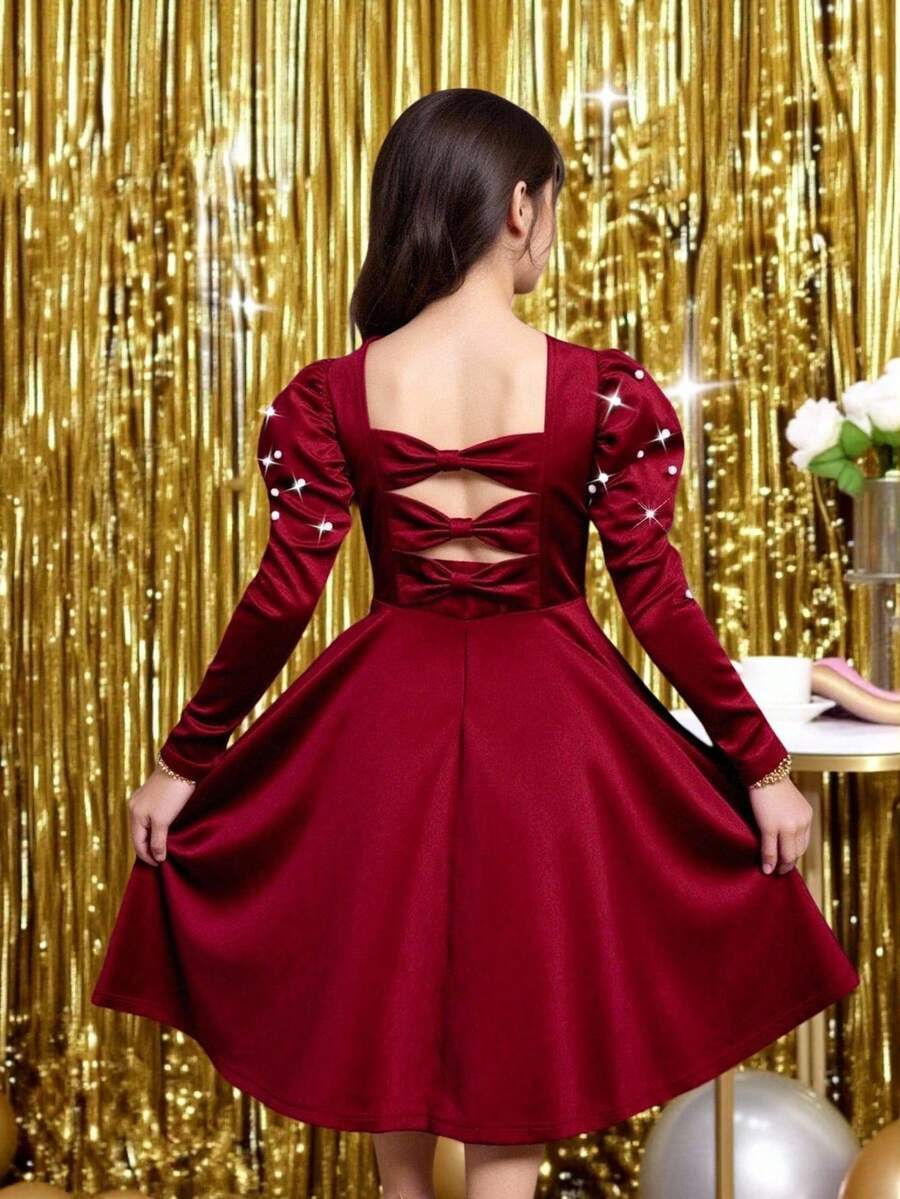 Burgundy Solid Color Elegant Long Sleeve Dress For Tween Girls Fall Winter - Burgundy - View 1