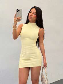 SHEIN PETITE 女款純色立領迷你洋裝 外出早午餐夜店穿搭 淡黃色 夏季性感 - 淡黃色 - 查看 6