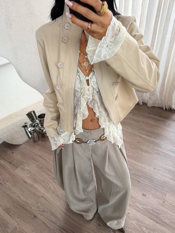 Coolane Apricot Woven Women's Double-Breasted Long Sleeve Zipper Jacket