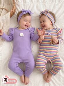 2pcs Baby Girls Fall Winter Pink Purple Colorful Ribbed Ribbed Long Sleeve Romper & Matching Bow Headband Set - Purple - View 1