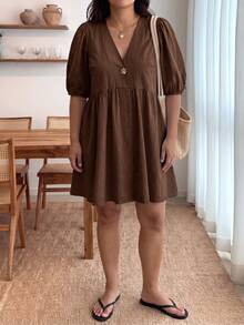Enliva Plus Size Women's Ruffled Puff Sleeve V-Neck Dress - Brown - View 4