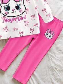 Baby Girls 1 Set Bow Cat Graphic Print Crew Neck Sweatshirt Pink Leggings Set, Cute Autumn Casual Matching Outfit School Family - Multicolor - View 5