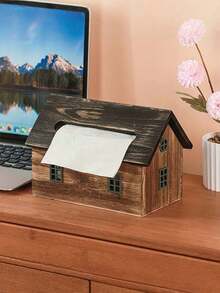 1PC Wooden Retro House Shape Tissue Box Cover Napkin Holder Organizer Vintage Decorative Storage Container For Living Room Bedroom Hotel Office Tabletop Home Decor Rustic Farmhouse Style Gift - Multicolor - View 2