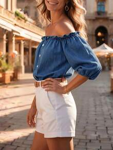 LUMIGAL New French Style Casual Romantic Off-Shoulder Petal Sleeve Denim Top Brunch Vacation Blue Summer - Blue - View 4