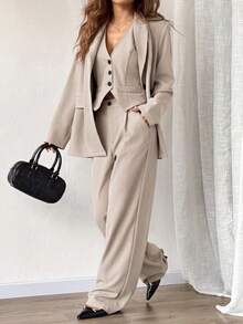 SHEIN EZwear 3pcs/Set Solid Grey Suit Jacket, Vest And Pants In Fall/Winter - Apricot - View 4