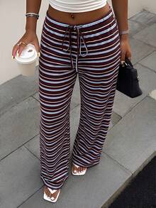 Aloruh Women's Autumn/Winter New Ultra Low Waist Brown Striped Long Pants - Multicolor - View 9