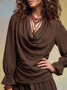 SHEIN Women's Brown Cowl Neck Long Sleeve Elegant Casual Blouse - Coffee Brown - View 8