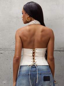 Denimoi Halter Corset Top Sexy Tops Lace Up GNO Date Night Dinner Going Out Tops - Apricot - View 4