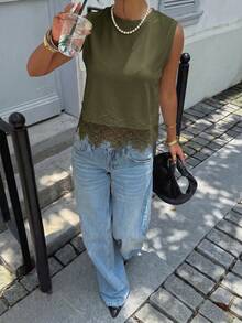 Siren Gaze Women's Spring/Summer Lace Patchwork Round Neck Tank Top - Army Green - View 3