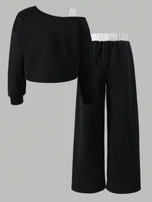 SHEIN Sparklyn Girls' Athletic Black And White Asymmetrical Neck Long Sleeve Ribbed Cuff Sweatshirt Elastic Waist Drawstring Pants Autumn Set School Student - Black - View 2