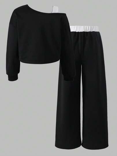 SHEIN Sparklyn Girls' Casual Cow Boy Athletic Black And White Asymmetrical Neck Long Sleeve Ribbed Cuff Sweatshirt Elastic Waist Drawstring Pants Autumn Set School