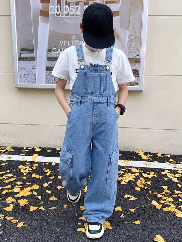SHEIN Tween Boy Fashion Casual Y2k Pockets Design Blue Loose-Belted Jeans For Black To School