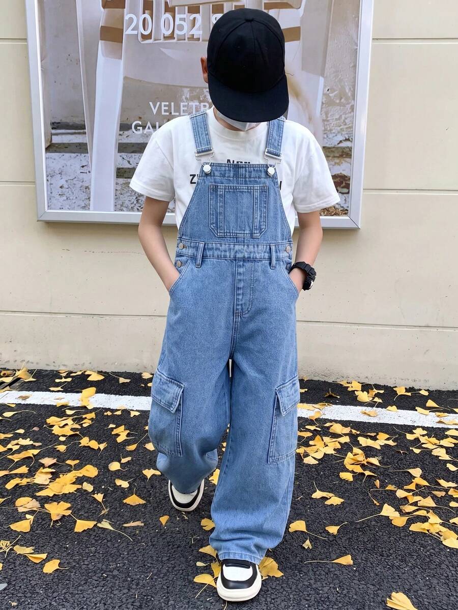 SHEIN 青少年男孩時尚休閒 Y2K 口袋設計藍色鬆腰牛仔褲,適合黑色上學穿搭 - 藍色 - 查看 1