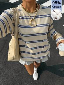 SHEIN EZwear 女款條紋拼色休閒日常長袖T恤 - 彩色 - 查看 8