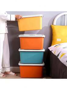 1pc Five Optional Sizes Heavy Duty Plastic Storage Bins With White Lids Side Handles Space Saving Stable Multi Functional Three Color Storage Organizer Box For Clothes Blankets Bedroom Living Room Closet Dorm Household Four Seasons Storage - View 4
