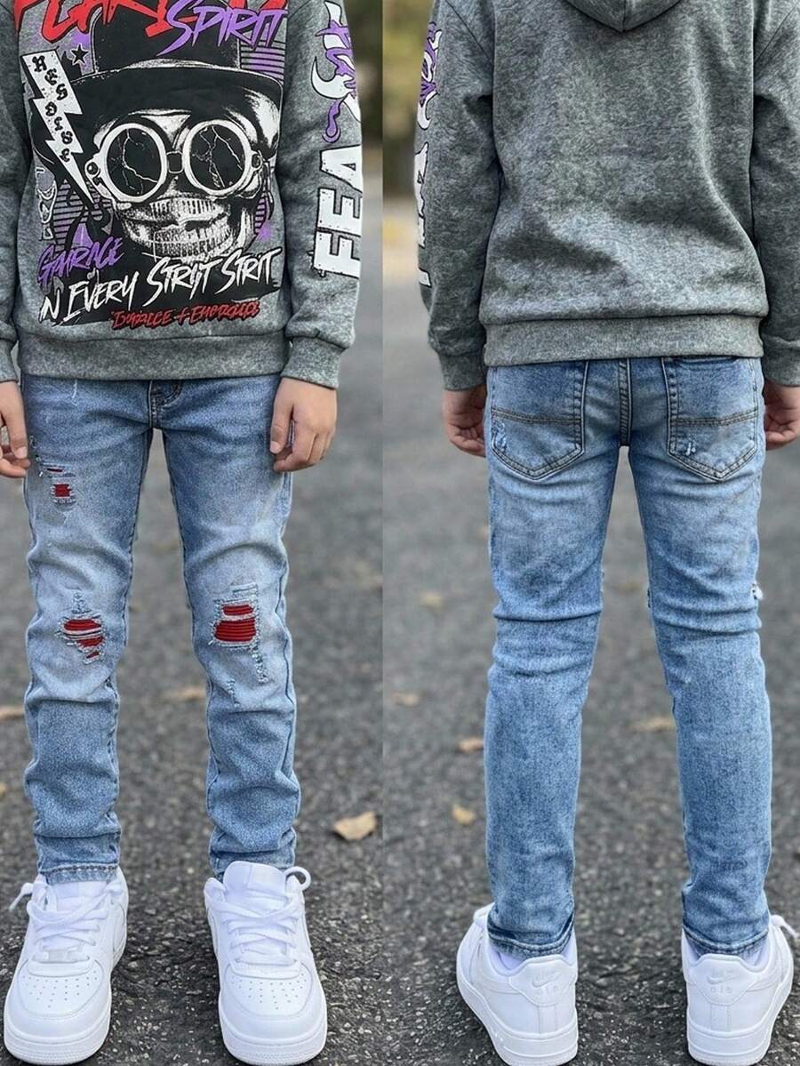 SHEIN 兒童青少年男孩 Y2K 淺藍色毛邊紅色拼接彈性緊身牛仔褲,萬聖節與黑色返校款 - 藍色 - 查看 1
