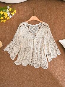 CosyJoli Plus Size Water-Soluble Lace Knit Tie-Front Cardigan Fall/Winter - Apricot - View 5