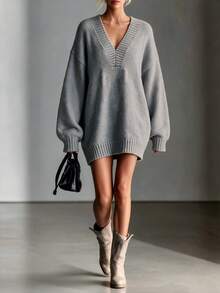 SHEIN Premium Dark Gray V-Neck Dropped Shoulder Knit Sweater - Grey - View 3