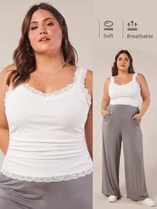 SHEIN BASICS Casual Basic Style Narrow Neck Lace Trim Ribbed Women's Plus Size Regular Vest, White, Sleeveless, Ribbed Texture, Side Pleats. - White - View 7