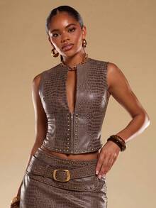 Avantive Women's PU Leather Fashion Versatile Daily Wear Club Night Out Top Grey Autumn Sexy - Brown - View 8