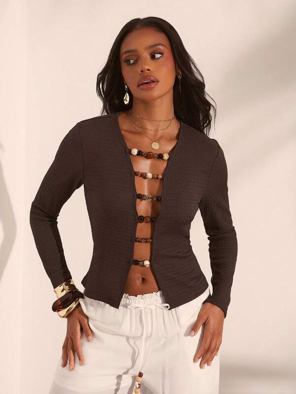 Opulessa Women's Textured Beaded Hollow Out Sexy Long Sleeve T-Shirt For Vacation