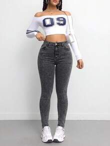 SHEIN Tall CURVE 女款大尺碼藍色丹寧彈性緊身牛仔褲 - 灰色 - 查看 5