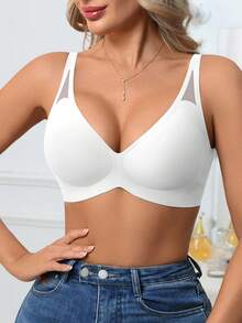 1pc Women's Seamless Wireless Bra, V-Neck Gather Jelly Soft Support Comfortable Solid Color Mesh Hollow-Out Bra With Molded Cup Wedding - White - View 5