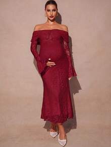 MaterniChic Elegant Maternity Off Shoulder Jacquard Party Dress Fall - Red - View 5