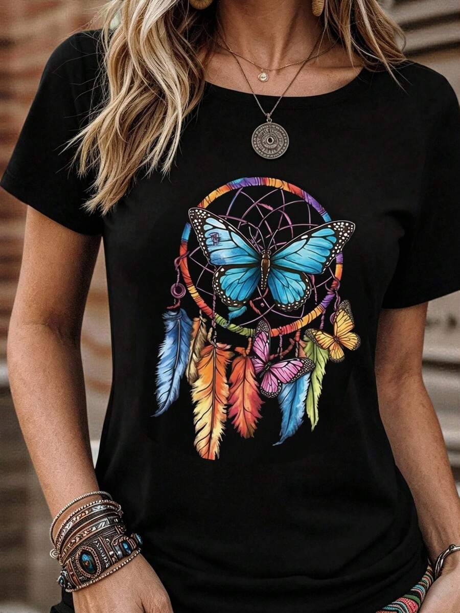 INAWLY Dreamcatcher Butterfly Pattern T-Shirt Graphic Tees Women Tops Boho Turquoise - Black - View 1