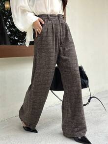 DAZY Autumn/Winter Straight Leg Loose Plaid Wool Fabric Commuter Style Women's Wide Leg Pants - Brown - View 8