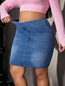 Flexra Plus Size Women's Fall Summer Casual Criss-Cross Waist Elastic Denim Mini Skirt Waist Corset Buttock Lift Sportswear Work Outfits For Women - Medium Wash - View 1