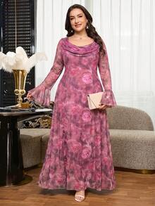 Reflora Vestido de vacaciones elegante con estampado floral, mangas con volantes y plisado, talla grande - Rosa Fucsia - Ver 9