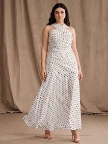 Anewsta Gaun Plus Size Musim Semi/Gugur Elegan Bergaya Surgawi untuk Pernikahan, Pesta, Acara Santai, Gaun Maxi Panjang Formal Putih dengan Leher Halter dan Detail Kerut yang Seksi - Putih - View 5